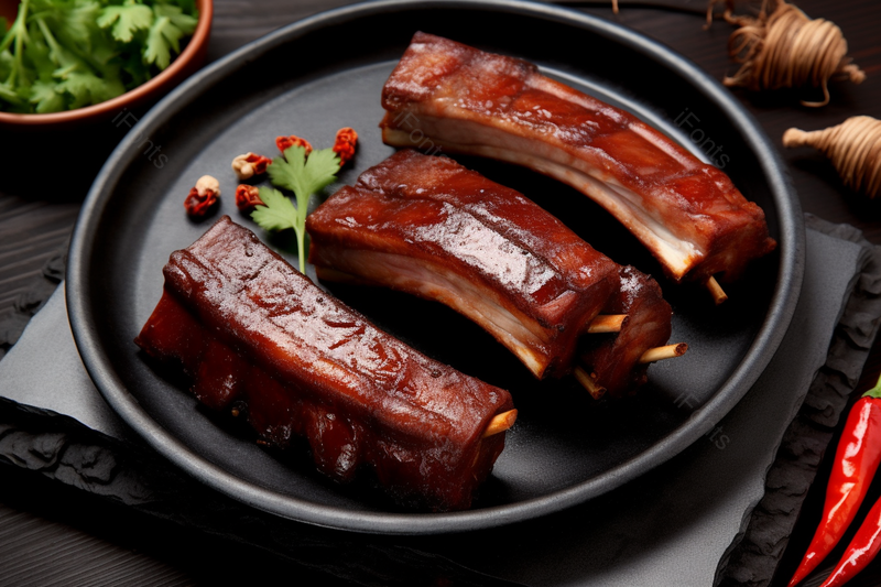 腊排骨黑色盘子香菜辣椒实拍,高清,摄影图,摄影图片,图片大全,摄影图免费下载